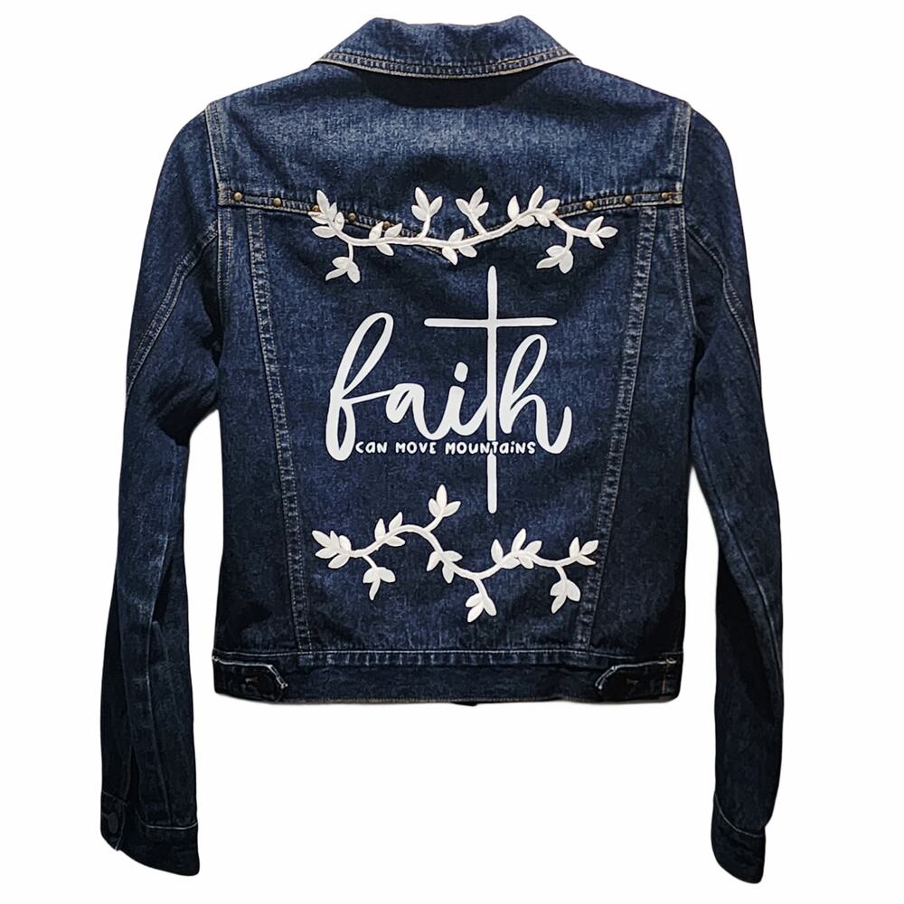 Faith Can Move Mountains Custom Floral Upcycled Denim Jacket W/Stud Details, L